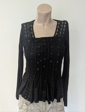 Black Lace Square Neck Long-Sleeve Blouse with Sequin Detail